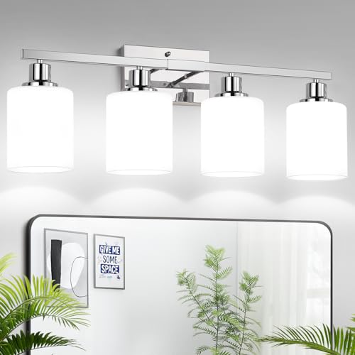 Chrome 4-Light Vanity Light with Milky White Shades - Modern Bathroom Fixture