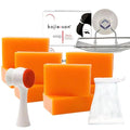 Kojie San Face & Body Shower Set - The Original Kojic Acid, Dark Spot Remover Bar with Coconut & Tea Tree Oil ? 65g x 8 Bars with Leafa Soap Net, Brush and Soap Dish