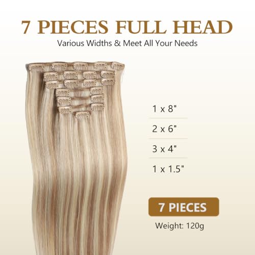Clip in Human Hair Extensions 18 Inch 120g - Highlight Golden Brown & Bleach Blonde, 7Pcs - Virgin Remy Hair
