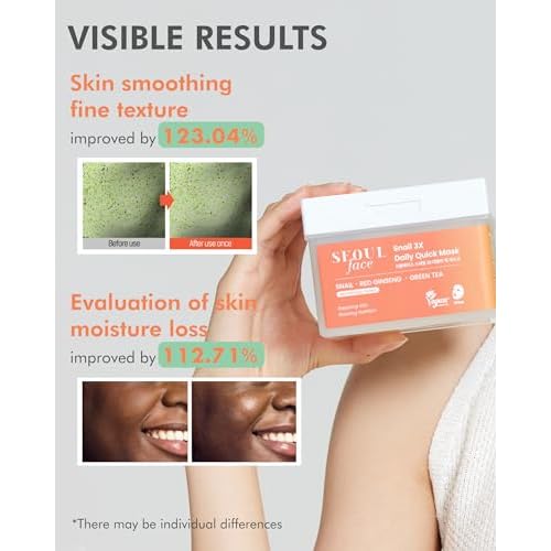 DERMAL Seoul Face Snail Mucin 5-Min Quick Sheet Mask 36 Count Bulk, Korean Morning Pull-Out Dispenser with Tweezers, Red Ginseng Green Tea Antioxidant Face Mask for Skin Renewal, Vegan Tencel