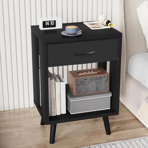 24-inch Nightstands Set of 2 with Fabric Drawers, Black - Modern Bedroom Storage