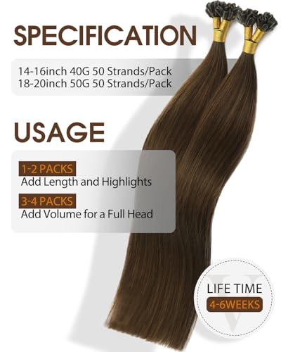 VINBAO U Tip Hair Extensions Human Hair 16 Inch - #4 Chocolate Brown, Seamless & Natural Blend