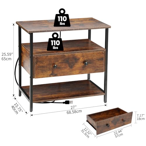 27-Inch Nightstand with Charging Station, Drawer & Open Shelves - Retro Brown - Variation of THIS listing