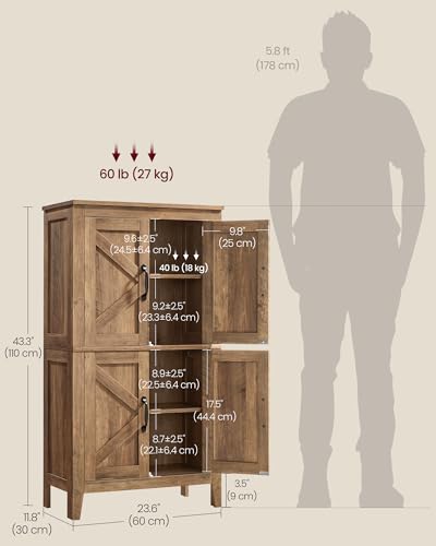 VASAGLE Farmhouse Storage Cabinet with 4 Barn Doors, Adjustable Shelves, Honey Brown, 11.8 x 23.6 x 43.3 inches