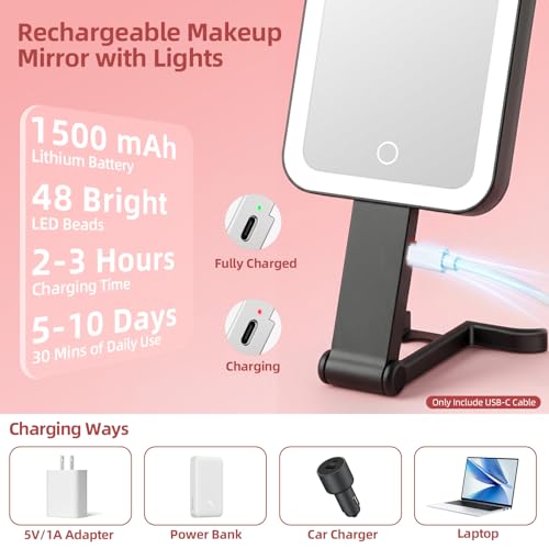 Rechargeable Travel Mirror with Lights 10X/1X Magnification, Dimmable LED, Compact