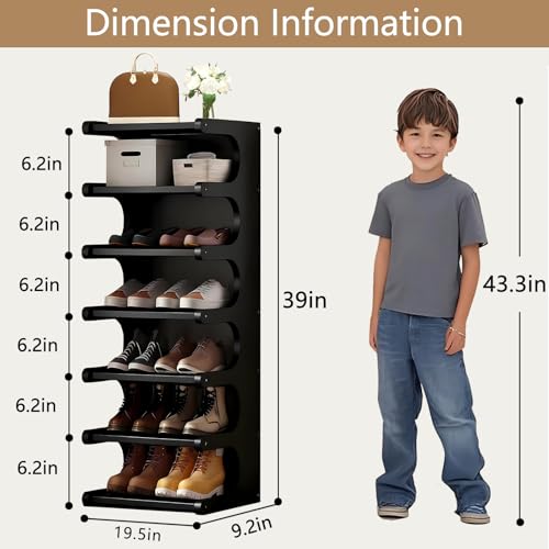 Black 7-Tier Vertical Bamboo Shoe Rack Organizer for Small Spaces