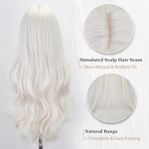 White Wigs for Women - 26 Inch Long Wavy Synthetic Wig with Bangs - Cosplay, Halloween, Daily Use - Variation: White