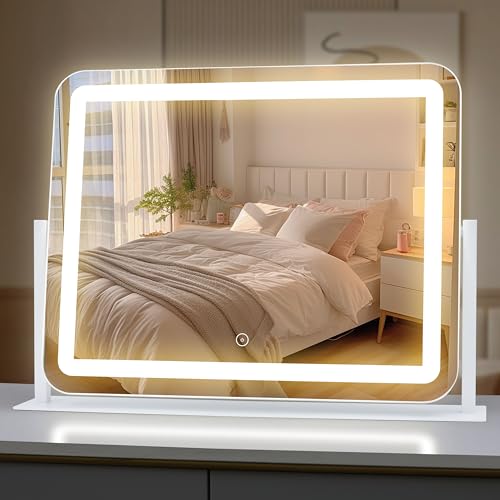 Vanity Mirror with Lights, Large Makeup Mirror, LED Lighted, 3 Color Modes, 360 Rotation, 22.2" x 16.3" White