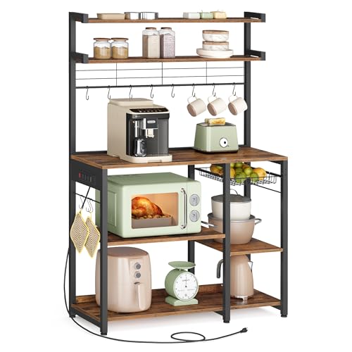 VASAGLE Rustic Brown Microwave Stand with Power Outlet, 35.4" Baker's Rack with Wire Basket & 8 Hooks