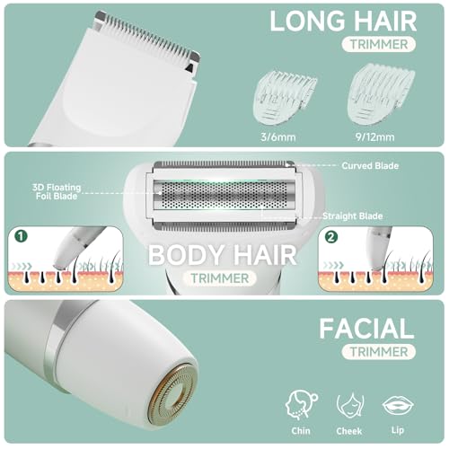 Bikini Trimmer for Women, 3-in-1 Electric Razors for Women, Waterproof Bikini Shaver Replaceable Facial, Body Trimmer for Pubic Hair, Painless Razor for Hair Trimmer Gifts for Her, Mint Green