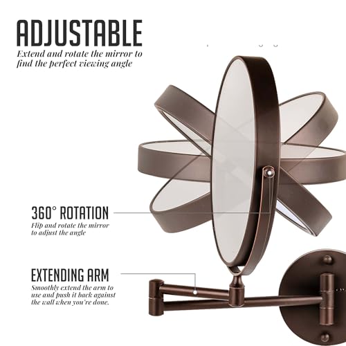 OVENTE 9" Wall Mounted Makeup Mirror with 1X/10X Magnification, Double Sided Magnifying Round Bathroom Vanity Mirror, 360¡Æ Swivel Design, Extendable and Folding Arm, Antique Bronze MNLFW90ABZ1X10X