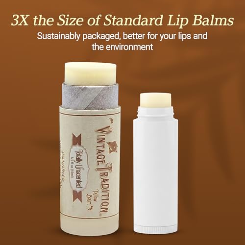 Unscented Grass-Fed Tallow Lip Balm for Dry Lips - Totally Unscented, 0.5 oz