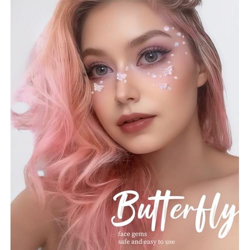 Butterfly Face Hair Gems, Self-Adhesive Eye Jewels, Sparkly Crystal Stickers for Fairy Makeup, Stick on Gems Rhinestones Stickers, Rave Accessories for Body, Nail, Crafts (Clear&Butterfly)