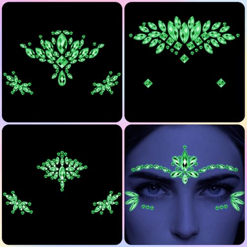 Erythem Face Gems for Women 6 Sheets Face Jewels Stick On Self Adhesive Rhinestones Stickers for Makeup Music Festival Rave Party (4Luminous)