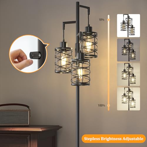 Oneach 70-Inch Black Industrial Floor Lamp with 3 Dimmable Bulbs, Farmhouse Corner Standing Tree Lamp for Living Room & Bedroom
