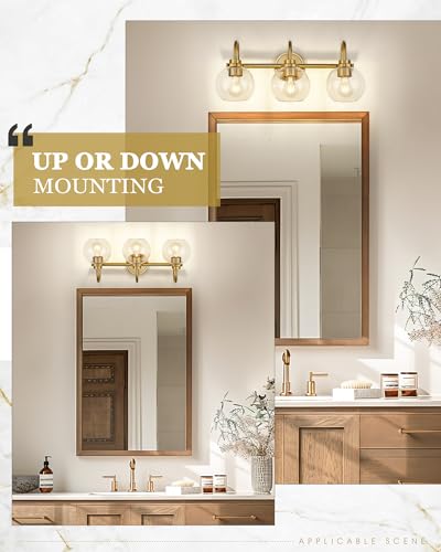Gold 3-Light Bathroom Vanity Light Fixtures with Globe Clear Glass - Up/Down Mount