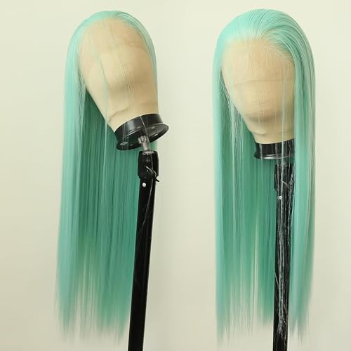 24 Inch Mint Green Lace Front Wig for Women Long Straight Heat-Resistant Synthetic Hair