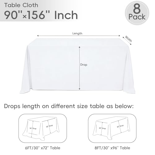 White Rectangle Tablecloth 90 x 156 Inch for 8ft Tables - 8 Pack