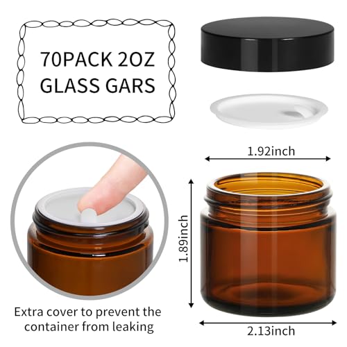 KEYWING 2oz Small Glass Jars with Black Lids, 70 Pack Amber Glass Cosmetic Jars, Round Empty Sample Container with Inner Liners for Lotions, Cream, Powders and Ointments