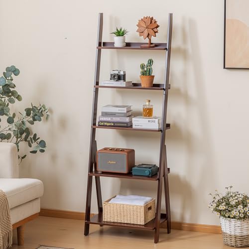 5-Tier Bamboo Ladder Shelf Bookcase - Walnut Finish, Free Standing Storage Organizer