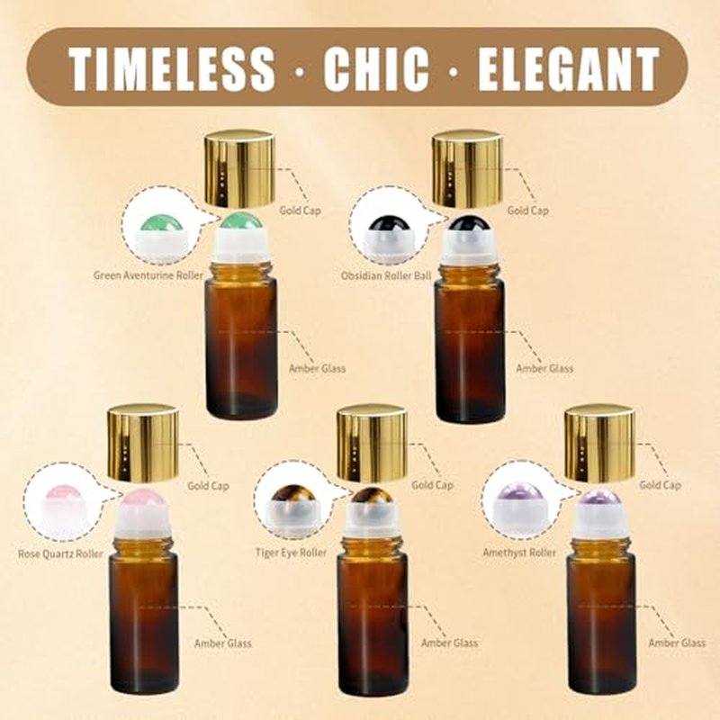 5 in 1 Roller Bottles for Essential Oils, 50ml Refillable Amber Glass Roll On Bottles with Natural Crystal Roller Balls, Leak-Proof Travel Perfume Bottle with Gold Caps
