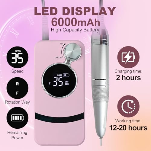 Electric Professional Nail Dril 35000RPM Pink Nail File for Acrylics Gel Nail Polish Remove Cordless Portable Rechargeable Nail Drill Kit for Home Salon Manicure Pedicure