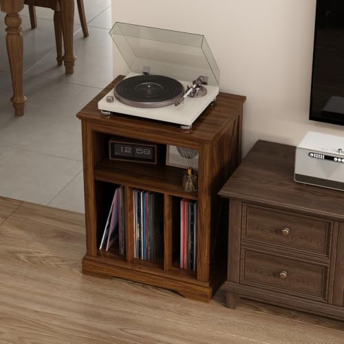 Rustic Brown Farmhouse Record Player Stand with Vinyl Storage & Cable Management