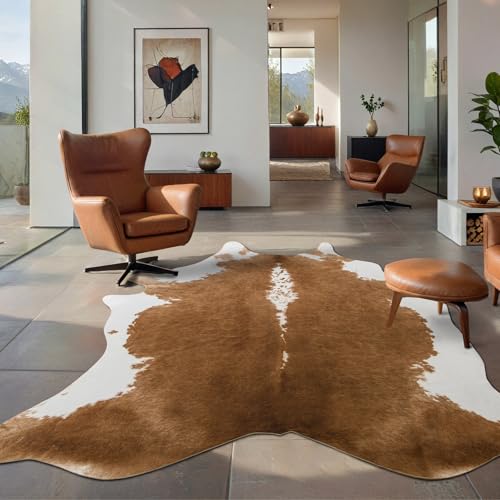 BENRON Faux Cowhide Rug Caramel 5'2" x 6'3" Irregular Cow Print Home Decor