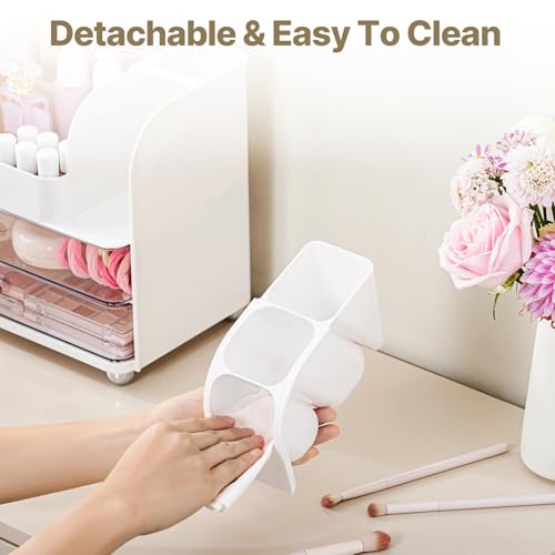 White Makeup Organizer with 2 Drawers & Brush Holders - Vanity Storage
