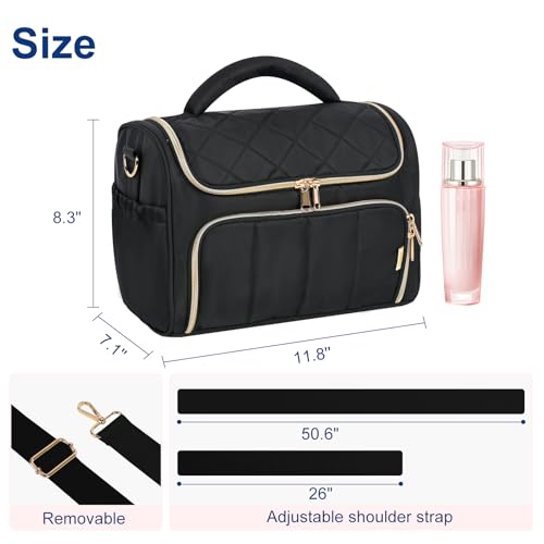 Travel Toiletry Bag Large Cosmetic Makeup Bag Organizer for Women,Wide-open Make Up Bag Waterproof Makeup Case Travel Bag with Handle and Dividers for Toiletries,Essentials,Accessories,Black
