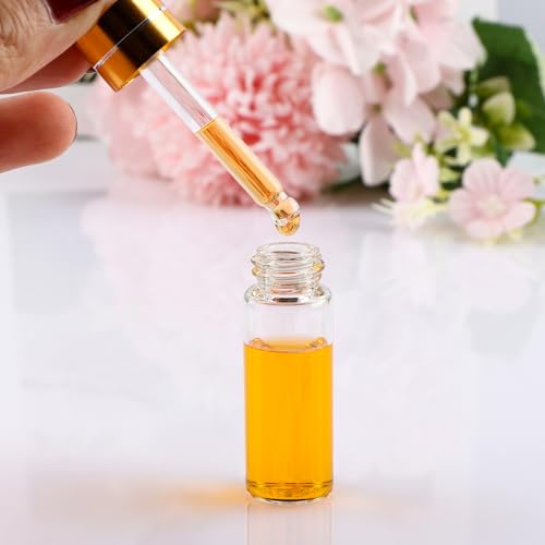 Comrzor 100 Pack 5ml Clear Glass Dropper Bottles with Gold Cap & 4 Dropper Tools