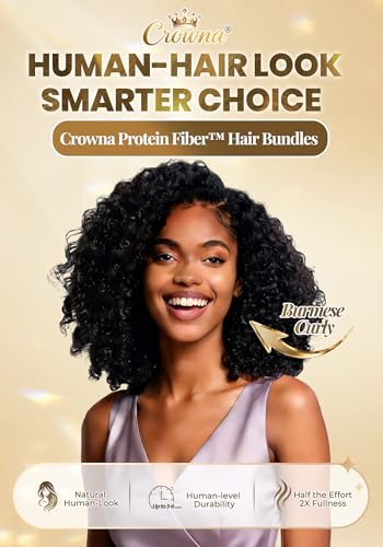 CROWNA Burmese Curly Hair Bundles 18-22 Inch Natural Black, Reusable Protein Fiber Extensions
