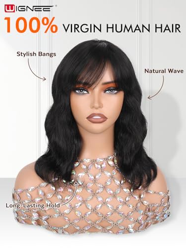Human Hair Wigs with Bangs - 12 Inch Natural Wave Black Wig for Women