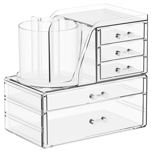 Acrylic Makeup Organizer with Drawer and Brush Holder 3-Pack for Vanity