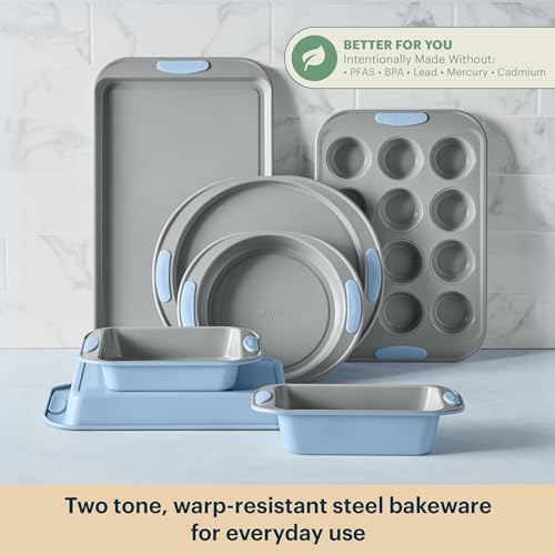 Pyrex 8-Piece Metal Bakeware Set with Silicone Handles - Cerulean, Heatsafe