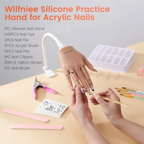 Wilfniee Practice Hand Kit for Beginners - Silicone Fake Nail Hand with Deep Nail Tips