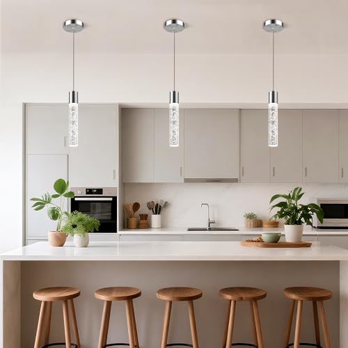 Nickel Cylindrical Pendant Lights Kitchen Island 3 Pack - Modern Crystal Bubble Ceiling Fixtures with Integrated LED