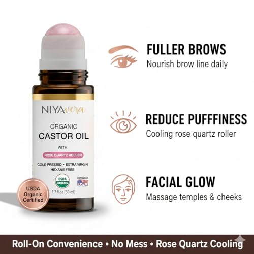 Organic Castor Oil Roll on with Rose Quartz For Face and Body - Cold Pressed Hexane Free Glass Bottle Unrefined 1.7 oz