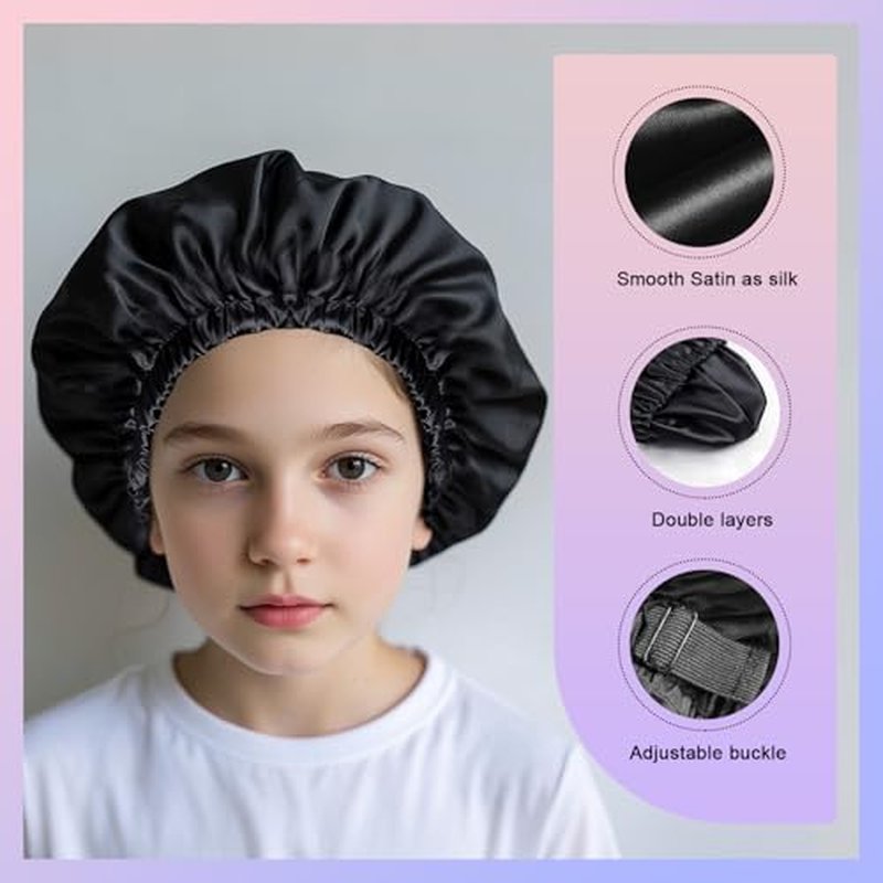 2PCS Silk Sleeping Bonnet£¬Double Layer Satin Bonnet for Women£¬Adjustable Silk Hair Cap, Shower Cap, Ideal Gift (Black+Blue)
