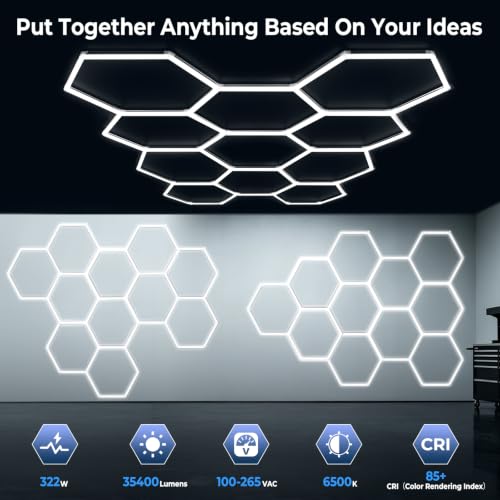 Gardencoin 322W Hexagon LED Garage Light 11 Grids, 1.3-inch Widened Surface, 35400LM, 6500K, Hex LED Lighting for Workshop & Car Detailing
