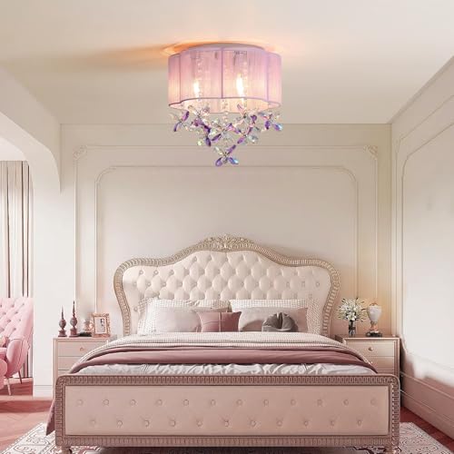 Purple 13-Inch Handmade Crystal Mini Chandelier for Girls Bedroom - Flush Mount Ceiling Light