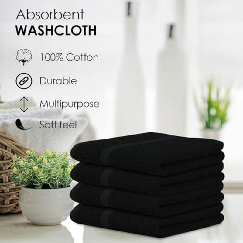 Avalon Towels Cotton Washcloths 24-Pack ? 12 x 12 Inch Black Super Soft & Absorbent Ring-Spun Cotton Wash Cloths for Face, Bath, Spa, Gym, Hotel & Cleaning