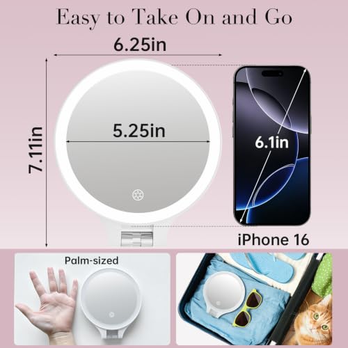 FASCINATE Pink Double-Sided Lighted Travel Magnifying Mirror with 10X/1X LED Lighting