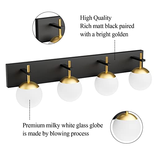 Mid Century Modern Vanity Lights - 4-Light Milky Glass Globe Wall Fixture - Black & Gold, 30 Inch
