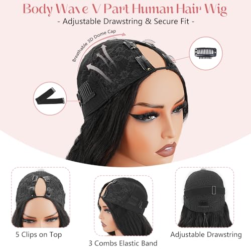 14 Inch Natural Black V Part Human Hair Wig Body Wave 180% Density Glueless, Beginner Friendly