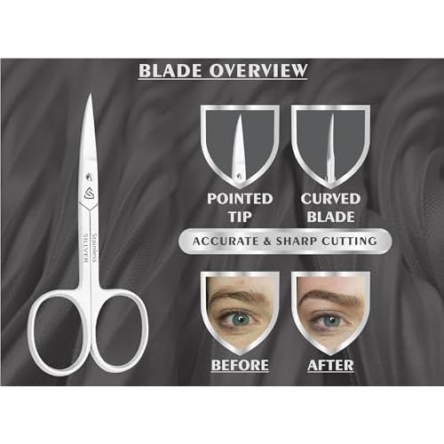 SILLVER Facial Hair Small Grooming Scissors for Men Women - Rounded and Curved - Eyebrow, Nose, Beard, Mustache, Eyelashes, Dry Skin and Ear Hair Trimming Scissors