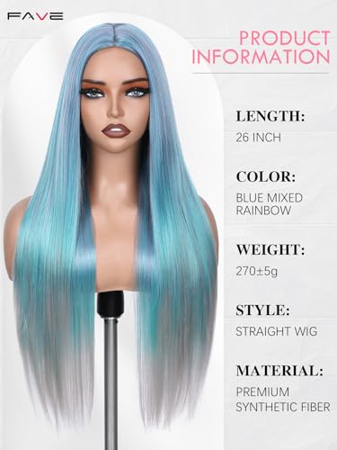 Rainbow Blue Teal Straight Wig for Women - Long Multi-Tonal Cosplay Hair