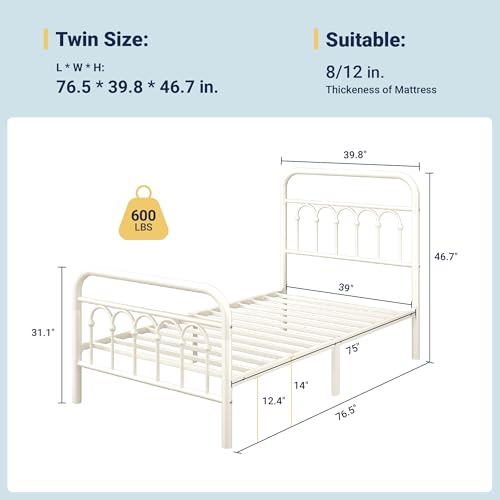 Twin Size Metal Platform Bed Frame with Headboard - Cream, Victorian Style