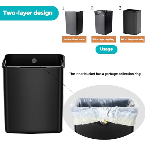 25L Stainless Steel Square Trash Can - Large Capacity Kitchen Waste Bin - Black