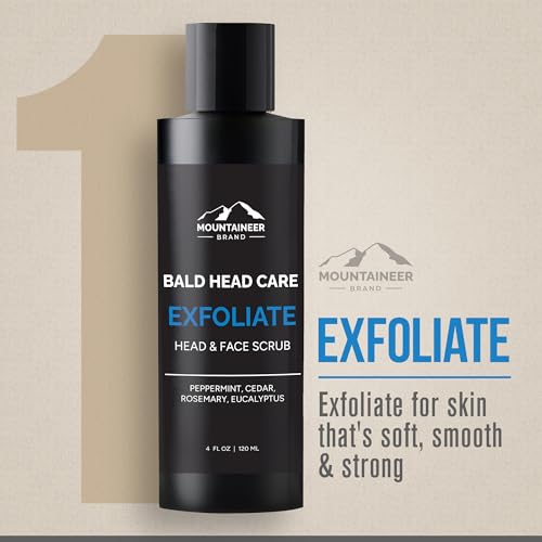 Mountaineer Brand Bald Head Care Gifts For Bald Men | All Natural 4 Step Daily Skin Care for Healthy Scalp & Face | Exfoliate Scrub | Cleanse Wash | Shine Away PH Balance | Protect Moisturizing Balm